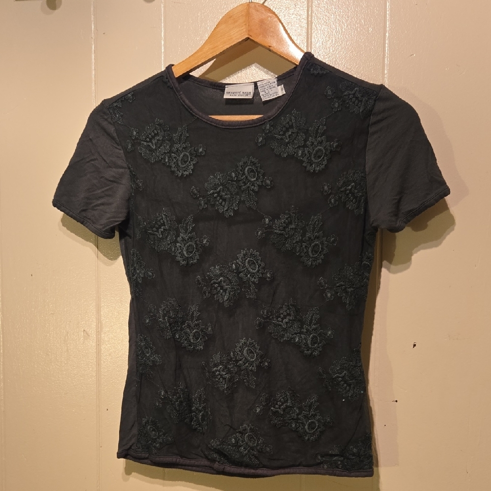 Newport News Hunter Green Tee with Floral Embroidery